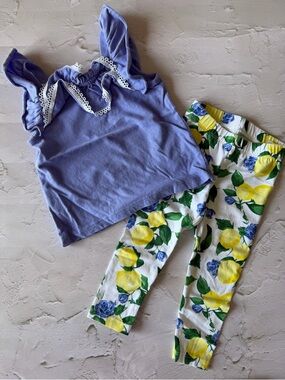 Lilac Blue Ruffled Tank with Lemon Print Leggings Set